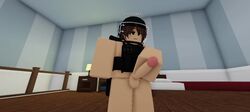 1boy 3d :3 animated black_eyes brown_hair clothed clothing femboy helmet jeuseowo large_penis light_skin looking_pleasured loomian_legacy low-angle_view masturbation no_sound penis penis_grab police police_uniform roblox roblox_avatar solo solo_male vest video