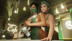 2girls 3d ana_amari blender blizzard_entertainment breast_grab breasts coffee daughter exposed_breasts iced_latte_with_breast_milk incest meme mother mother_and_daughter overwatch pharah sideboob starbucks yuri zmsfm