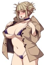 1girls bikini blonde_hair breasts brown_eyes choker cleavage clothing coat female hair_bun high_resolution himiko_toga large_breasts micro_bikini my_hero_academia namidame navel short_hair swimsuit tied_hair