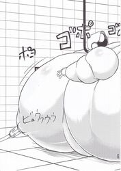 android belly_on_ground doujin force_feeding haydee haydee_(game) hose_in_mouth hyper_belly hyper_breasts japanese_text kukuru_(artist) lactating lactation leotard milking milking_machine obese puffy_nipples resting_on_belly speechless split_image ssbbw stretched_clothing weight_gain