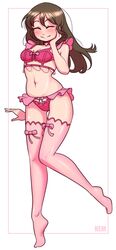 1girls artist_request bra brown_hair choker cute emily_sim emirichu frilly hand_on_cheek happy heart_choker lingerie panties pink_bra pink_panties pink_stockings smiling stockings youtube youtuber