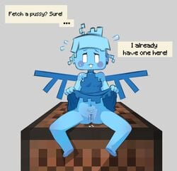 1girls 2021 allay_(minecraft) belly_button blue_dress blue_hair blue_skin blue_wings blush breasts dress dress_lift eyelashes fairy female female_only furrycho grey_background minecraft minigirl mob_face mob_vote note_block pubic_hair pussy pussy_juice sweating text text_bubble white_eyes wings