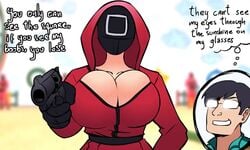 1boy 1girls animated big_breasts big_chest black_gloves blurry_background boobs bouncing_breasts breasts cho_sang-woo cleavage clothed_male clothing delalicious3 digital_media_(artwork) divine_wine duo female female_focus firearm full_body fully_clothed gigantic_breasts gigantic_chest gloves gun gunpoint handgun holding holding_object holding_weapon huge_breasts huge_chest human kaliethva large_breasts light-skinned_female light-skinned_male light_skin male mask masked massive_breasts massive_chest netflix pink_guard real_person red_clothing revolver shorter_than_30_seconds smiling sound square_(squid_game) squid_game text threatening vampiranhya_(artist) video voice_acted weapon