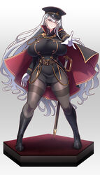 belt big_breasts boots cape chains female full_body fully_clothed gloves long_hair military_hat military_officer_(konoshige) military_uniform original pantyhose red_eyes ryuun_(stiil) short_dress side_slit silver_hair solo standing sword thick_thighs thighband_pantyhose very_long_hair white_gloves white_hair