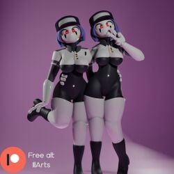 2girls 3d 3d_model black_boots black_breasts black_nipples blender blue_hair boots clothed clothing covered_breasts covered_nipples duplicated_character female five_nights_at_freddy's five_nights_at_freddy's:_security_breach heart-shaped_pupils heart_eyes hugging_from_behind illarts mouthless peace_sign red_eyes robot robot_girl robot_humanoid scottgames staff_bot_(security_breach) staffbot stuffbot stuffbot(nightbotgrey) watermark