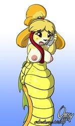 2021 animal_crossing anthro between_breasts big_breasts breasts canid canine canis domestic_dog duo feet_first female female_prey feral hi_res isabelle_(animal_crossing) licking licking_face male male/female mammal mango_(omny87) nintendo omny87 oral_vore phone reptile scalie shocked_expression snake soft_vore text throat tongue tongue_out url video_games vore