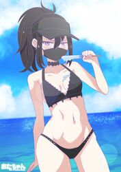 1girls artist_request bikini bikini_bottom bikini_top black_bikini black_hair cam_(the_otachan_show) choker cleavage egirl face_mask female looking_at_viewer mask masked medium_breasts otakuvs plastic_choker ponytail popsicle popsicle_melting sideboob small_breasts the_otachan_show