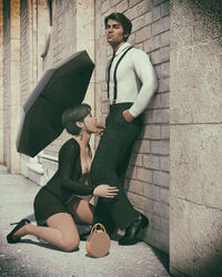 1boy 1girls 3d black_hair clothed clothed_sex clothing earrings fellatio female looking_at_viewer medium_breasts medium_hair office_lady oral outdoor outdoor_nudity outdoor_sex outdoors public public_sex silky58 umbrella