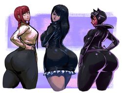 3girls ass batman_(series) big_ass big_breasts big_butt black_clothing black_hair breasts catwoman chainsaw_man crossover dark-skinned_female dark_skin dc dc_comics eye_contact eyewear_on_head female female_only fully_clothed large_ass leather_minidress looking_at_viewer looking_back makima_(chainsaw_man) multiple_girls nico_robin one_piece pre-timeskip red_hair redblacktac short_hair standing thick_ass thick_thighs thighs tight_clothing water_7 wide_hips