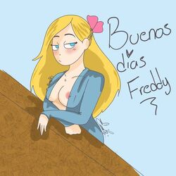 big_ass big_breasts big_hips big_thighs cleavage female female_focus female_only fhs fhsz3r0 fnafhs fnafhs_z3ro homerbls hourglass_figure huge_ass huge_breasts huge_hips huge_thighs joy_(fnafhs) pov spanish_text wide_hips