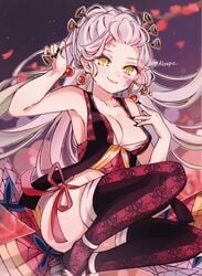 :3 black_nails breasts daki_(kimetsu_no_yaiba) demon_girl demon_slayer facial_mark female flower_tattoo green_eyes hair_ornament hair_stick hairpin holding_hair_ornament jewelry kimetsu_no_yaiba knees_up long_hair nail_polish obi pink_ribbon platform_footwear print_legwear revealing_clothes ribbon side-tie_dress smile solo squatting symbol_in_eye thighhighs twitter_username very_long_hair wata_ramune white_hair