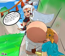 1boy 1girls big_ass big_butt birthmark blush breath_of_the_wild brown_eyes face_in_ass gobrush hand_on_cheek link link_(breath_of_the_wild) paya_(the_legend_of_zelda) rimming text text_bubble the_legend_of_zelda the_legend_of_zelda:_breath_of_the_wild thumbs_up vagina white_hair