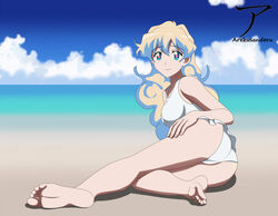 arekusanderu barefoot beach blonde_hair feet female foot_focus looking_at_viewer nia_teppelin soles solo solo_female swimsuit tengen_toppa_gurren_lagann toes water