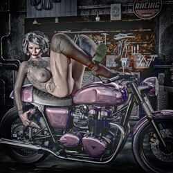 3d blonde_hair bottomless chest_tattoo desaturated lipstick motorcycle pinup red_lipstick side_tattoo silky58 tagme tattoo