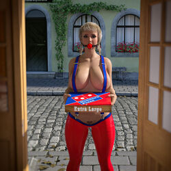 3d ball_gag blonde_hair breasts doorway gag gagged heart-shaped_pubic_hair huge_breasts in_doorway looking_at_viewer nipple_slip pizza pizza_delivery pizza_time pubic_hair shaped_pubic_hair silky58 suspenders trimmed_pubic_hair