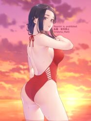 ass black_eyes black_hair breasts casual_one-piece_swimsuit cloud cowboy_shot dated english english_text female from_behind gradient_sky horizon long_hair looking_at_viewer looking_back medium_breasts mizuki_mau momo_yaoyorozu my_hero_academia ocean one-piece_swimsuit outdoors ponytail red_one-piece_swimsuit red_sky red_swimsuit siketa_matti sky solo standing sunset swimsuit text tied_hair twitter_username water