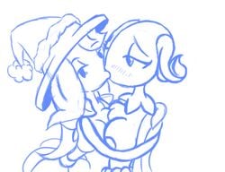 2016 2girls anthro bella_(screwroot) breasts breasts_to_breasts cartoony christmas enoki_(vonjungle) female female/female female_only flora_fauna hugging kissing lesbian_kiss monochrome nipples plantie santa_hat screwroot white_background witch_hat yuri