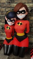 3d arms_behind_back bondage disney elastigirl female female_only femsub gag gagged helen_parr kneeling looking_off_screen maledom pixar smooth_skin superheroine tape_gag taped_mouth the_incredibles theblendertaper tight_clothing violet_parr