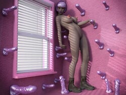 3d bob_cut dildo huge_breasts huge_nipples looking_at_viewer nude nude_female purple_hair silky58 wall_dildo wall_of_penises