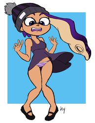 1girls accidental_exposure beanie blue_eyes domino_mask dress dress_lift embarrassed_underwear_female euf female female_only inkling inkling_girl iseenudepeople long_ears long_hair nintendo panties purple_hair sharp_teeth shimapan solo solo_female splatoon splatoon_2 tentacle_hair underwear upskirt wind_lift windy_dress