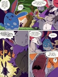 3:4 ambiguous_gender anthro azumarill breasts comic delphox detailed_background dialogue digestion english_text exclamation_point fan_character female female_pred forest fox game_freak hi_res ingrid_(fidchellvore) larger_female male medium_breasts nintendo open_mouth pokémon pokémon_(species) pokemon predator/prey puru_(fidchellvore) red_eyes sharp_teeth shiny_pokémon shyguy9 size_difference smile smiling speech_bubble teeth text thighs video_games vore