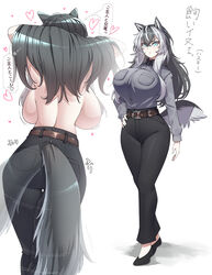 animal_ears back_view backboob big_breasts blue_eyes dog_ears dog_girl dog_tail female full_body fully_clothed grey_hair huge_breasts husky_girl_(konoshige) japanese_text kemonomimi long_hair looking_at_viewer military multiple_views officer original ryuun_(stiil) solo standing tail text topless translated two_tone_hair white_highlights wide_hips