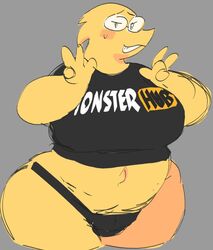 1girls 2d alphys anthro anthro_only breasts chubby chubby_female dinosaur double_v female female_only glasses huge_breasts humanoid lizard_girl lizard_humanoid monster_hub mooncheez3 navel pornhub reptile reptile_humanoid solo solo_female sweatdrop t-shirt thick_thighs thong undertale undertale_(series) underwear v_sign wide_hips yellow_body yellow_skin