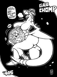 anthro ass big_butt big_tail black_and_white breasts dialogue dragon dragoness eyelashes female game_freak garchomp human imminent_death large_breasts larger_female nintendo panting pokémon_(species) pokemon pokemon_(species) shark shark_humanoid shark_tail sharp_teeth shyguy9 simple_background size_difference smaller_male smile smiling speech_bubble tail thick_thighs thighs vore x-ray