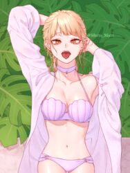 alternative_costume alternative_hairstyle arms_behind_head bags_under_eyes bangs bikini blonde_hair breasts choker clavicle double_bun female himiko_toga lavender_bikini lavender_swimsuit leaf looking_at_viewer medium_breasts messy_hair mizuki_mau my_hero_academia navel open_clothes open_mouth open_robe purple_bikini purple_swimsuit robe seashell shell shell_bikini short_hair siketa_matti solo swimsuit tied_hair tongue tongue_out twitter_username yellow_eyes