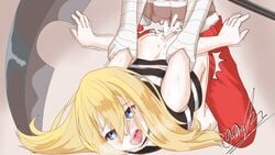 1boy 1girls angels_of_death blue_eyes blush bondage clothed_rape female/male female_penetrated isaac_foster male male/female open_mouth rachel_gardner rape satsuriku_no_tenshi sweat yellow_hair