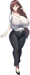 bra_strap bra_visible_through_clothes braided_hair brown_hair female full_body fully_clothed grey_eyes huge_breasts long_hair milf mole_under_mouth mother_(konoshige) necklace original ryuun_(stiil) smile solo standing wedding_band wedding_ring wide_hips