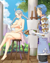 1boy 1girls alternate_breast_size bare_legs big_breasts blue_eyes blush blushing braid breasts clothed_male clothed_male_nude_female clothed_on_nude completely_naked completely_nude completely_nude_female covering covering_breasts covering_self crossed_legs embarrassed embarrassed_nude_female female fire_emblem fire_emblem_fates grey_hair igni_tion large_breasts light-skinned_female light-skinned_male light_skin long_hair modeling naked naked_female nina_(fire_emblem) nintendo nude nude_female nude_model nude_modeling on_chair only_one_naked painting shigure_(fire_emblem) silver_hair sitting smile towel twin_braids twintails