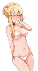 amadare bikini_top blonde_hair blush choker clarice_(idolmaster) closed_eyes embarrassed female female_only hair_bun hairbow idolmaster idolmaster_cinderella_girls micro_bikini nervous shy sidelocks small_breasts smile solo sweat swimwear underboob wet white_bikini