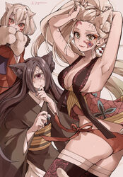 3girls animal_ears armpits ass black_hair black_kimono blue_nails bob_cut breast_cutout breasts cat_ear cat_paws cute daki_(kimetsu_no_yaiba) demon_girl demon_slayer eyeshadow facepaint female hand_on_own_chin high_resolution horns impossible_clothes kimetsu_no_yaiba kimono large_filesize makeup mukago multiple_girls nail_polish nakime obi paws red_eyes red_kimono robe sash short_hair sideboob smile symbol-shaped_pupils tail thighhighs traditional_clothes underwear veins very_high_resolution wafuku white_background white_hair wide_sleeves yogukasu