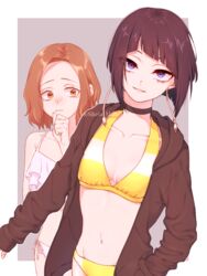 2girls bikini black_hair black_jacket blue_eyes breasts brown_hair choker clavicle cleavage clothing female female_only hand_in_pocket hood hood_down hooded_jacket jacket kyoka_jiro looking_at_viewer mizuki_mau multiple_girls my_hero_academia open_clothes open_jacket open_mouth parted_lips shiny shiny_hair short_hair side-tie_bikini siketa_matti small_breasts smile standing swimsuit tears tomboy white_bikini white_swimsuit yellow_bikini yellow_swimsuit