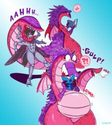 big_hips book bug female hips insect_humanoid insects larger_female long_tail male monster monster_girl purple_hair red_body red_eyes scales shyguy9 size_difference small_wings smaller_male speech_bubble tail thick_thighs thighs vore wings