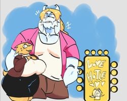 1boy 1boy1girl 1girls 2d alphys anthro anthro_only asgore_dreemurr bbw beefcake bigger_male black_shirt blonde_hair breasts brown_jacket brown_pants curvy_female deltarune english_text female furry furry_male glasses goat goat_boy goat_humanoid huge_breasts humanoid imminent_sex lizard_girl lizard_humanoid male mooncheez3 muscular_male pink_shirt reptile reptile_humanoid shortstack size_difference smaller_female smile smiling sweat sweatdrop tail taller_male text thick_thighs undertale undertale_(series) video_games white_body wide_hips yellow_body yellow_scales yellow_skin