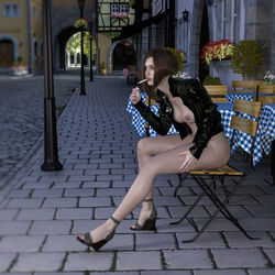 1girls 3d bottomless brown_hair city_background medium_breasts open_shirt outdoor outdoors outside public public_nudity silky58 smoking