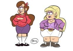 2girls alternate_breast_size arms_behind_back bangs big_hair blonde_hair blunt_bangs braces brown_hair cleavage_cutout disney disney_channel earrings eyeshadow fat gravity_falls hands_on_hips jacket kirbyjack large_breasts lipstick mabel_pines makeup mature_female milf miniskirt older pacifica_northwest sock_garters straight_hair thick_thighs white_background wide_hips