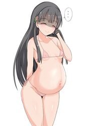 amadare angry bangs big_belly bikini black_hair closed_eyes female female_only hair_ornament huge_belly idolmaster idolmaster_cinderella_girls kobayakawa_sae long_black_hair long_hair micro_bikini pink_bikini pregnant ready_to_pop side-tie_bikini small_breasts smile solo swimsuit