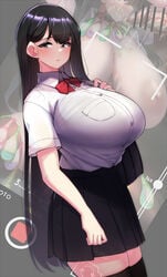 after_sex big_breasts black_hair blush bra_visible_through_clothes female huge_breasts long_hair mole_under_eye neck_ribbon original pleated_skirt recording ryuun_(stiil) schoolgirl schoolgirl_(konoshige) short_sleeves solo thighhighs tight_clothing very_long_hair zettai_ryouiki