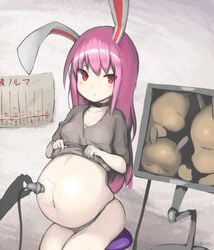 1860_(ichi) 1girls blush bunny_ears bunny_girl choker dress_lift female fetus long_hair pale-skinned_female panties pink_hair pregnant ready_to_pop red_eyes reisen_udongein_inaba shirt_lift slit_pupils solo_focus touhou ultrasound