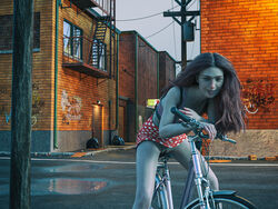 3d bicycle bike bottomless brown_hair clothed long_hair looking_at_viewer no_panties on_bike public public_nudity silky58 skirt smile