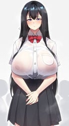 1girls big_areola big_breasts big_nipples black_hair blush embarrassed female huge_breasts long_hair mole_under_eye neck_ribbon nipple_bulge nipples_visible_through_clothing no_bra original pleated_skirt purple_eyes ryuun_(stiil) school_uniform schoolgirl schoolgirl_(konoshige) see-through_clothing shy skirt solo sweat very_long_hair