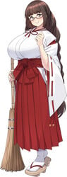 bangs big_breasts braid braided_hair braided_ponytail brown_hair female full_body fully_clothed geta glasses green_eyes hakama huge_breasts japanese_clothes long_hair looking_at_viewer miko miko_(konoshige) original ryuun_(stiil) smile solo standing tabi thick_eyebrows very_long_hair