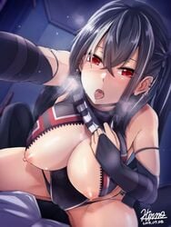 1boy arm_strap artist_name azur_lane bare_shoulders black_gloves black_hair black_swimsuit blush breasts breasts_out_of_clothes cleavage cleavage_cutout clothing_cutout cowgirl_position cross cross_earrings dated earrings elbow_gloves eyes_visible_through_hair female female front_zipper_swimsuit gloves hair_between_eyes heavy_breathing hirno indoors iron_cross jewelry large_breasts leaning_forward long_hair looking_at_viewer male mask_pull meme_attire multicolored_hair nipples nose_blush on_top one-piece_swimsuit one_side_up open_mouth pulled_by_self red_eyes saliva signature solo_focus streaked_hair sweat swimsuit tongue tongue_out u-47_(azur_lane) unzipped white_hair