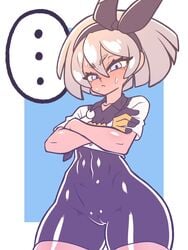 ... 1girls abs bea_(pokemon) bodysuit cameltoe eye_contact female grey_hair hair_ribbon kaikoinu latex latex_bodysuit latex_suit latex_vagina looking_at_viewer nintendo pokemon pokemon_ss pussy short_hair solo speech_bubble standing sweat thick_thighs thighs wide_hips