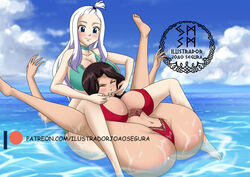 2girls absurdres breasts cana_alberona catfight cleavage fairy_tail highres huge_breasts joao_segura large_breasts long_hair mirajane_strauss multiple_girls nude sex silver_hair smile