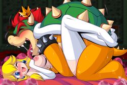 1boy 1girls anthro blonde_hair blue_eyes blush bowser breasts closed_eyes crown egg elbow_gloves euyoshi89 female gloves happy_sex legs_up licking male male/female mario_(series) missionary_position nintendo nipples one_eye_closed open_mouth princess_peach red_hair saliva saliva_string scalie sex sharp_teeth size_difference straight super_mario_bros. sweat thighhighs tongue tongue_out turtle