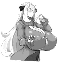 1boy 1girls alternate_breast_size balls big_breasts blush closed_eyes curvy_figure cynthia_(pokemon) edited exabyte female greyscale hair_ornament handjob high_resolution huge_breasts large_breasts long_hair monochrome nintendo parallax05 penis pokemon pokemon_dppt premature_ejaculation small_penis small_penis_adoration testicles three-finger_handjob uncensored voluptuous white_background